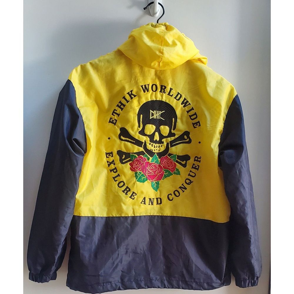 ETHIK Worldwide Skull Jacket Yellow Hooded Cross Bones/Roses Explore  Men's SML